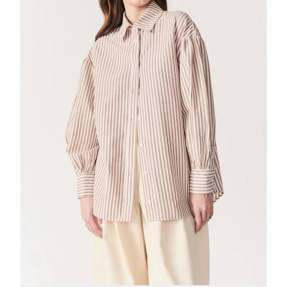 NEW DELUC felicity oversized striped button down shirt in tan